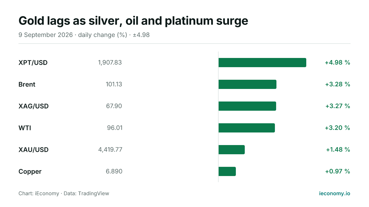 Chart: daily percentage change of 6 tracked instruments — biggest gainer XPT/USD (+4.98 %), smallest gainer Copper (+0.97 %).