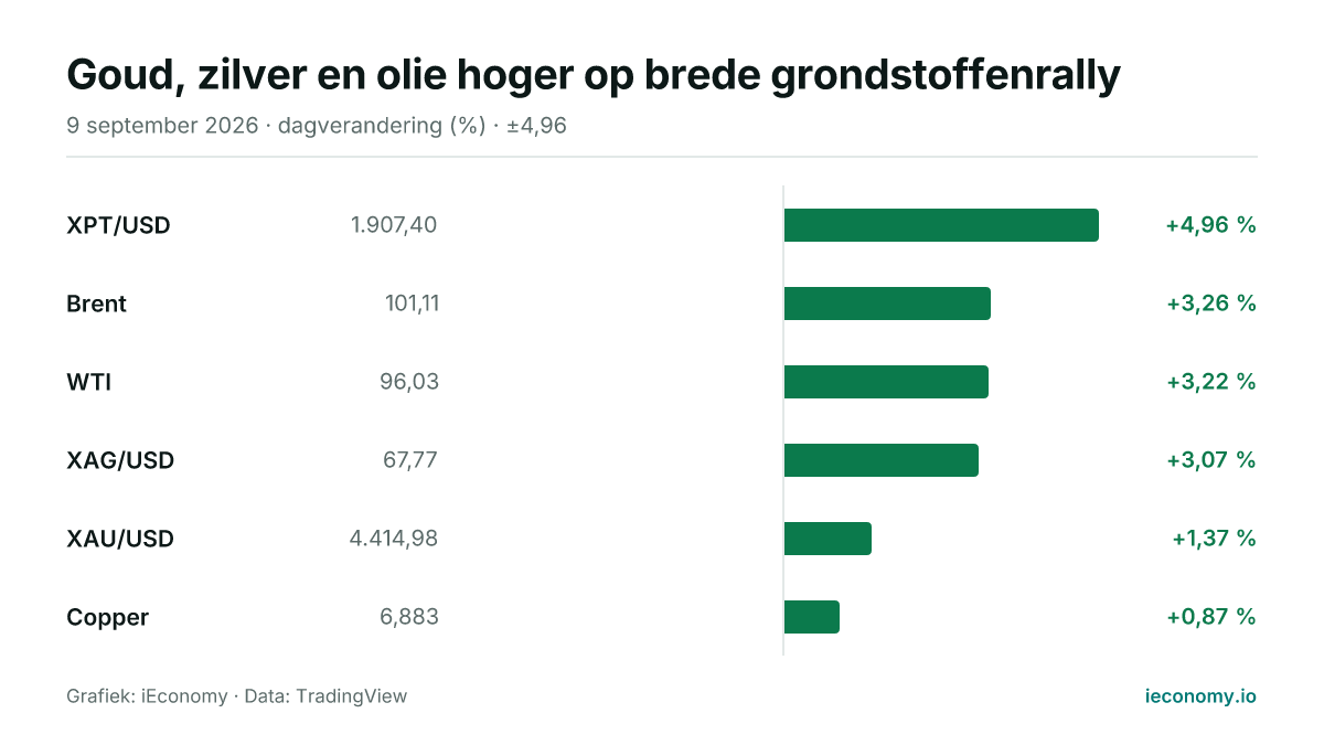 Grafiek: dagelijkse procentuele verandering van 6 gevolgde instrumenten — grootste stijger XPT/USD (+4,96 %), kleinste stijger Copper (+0,87 %).
