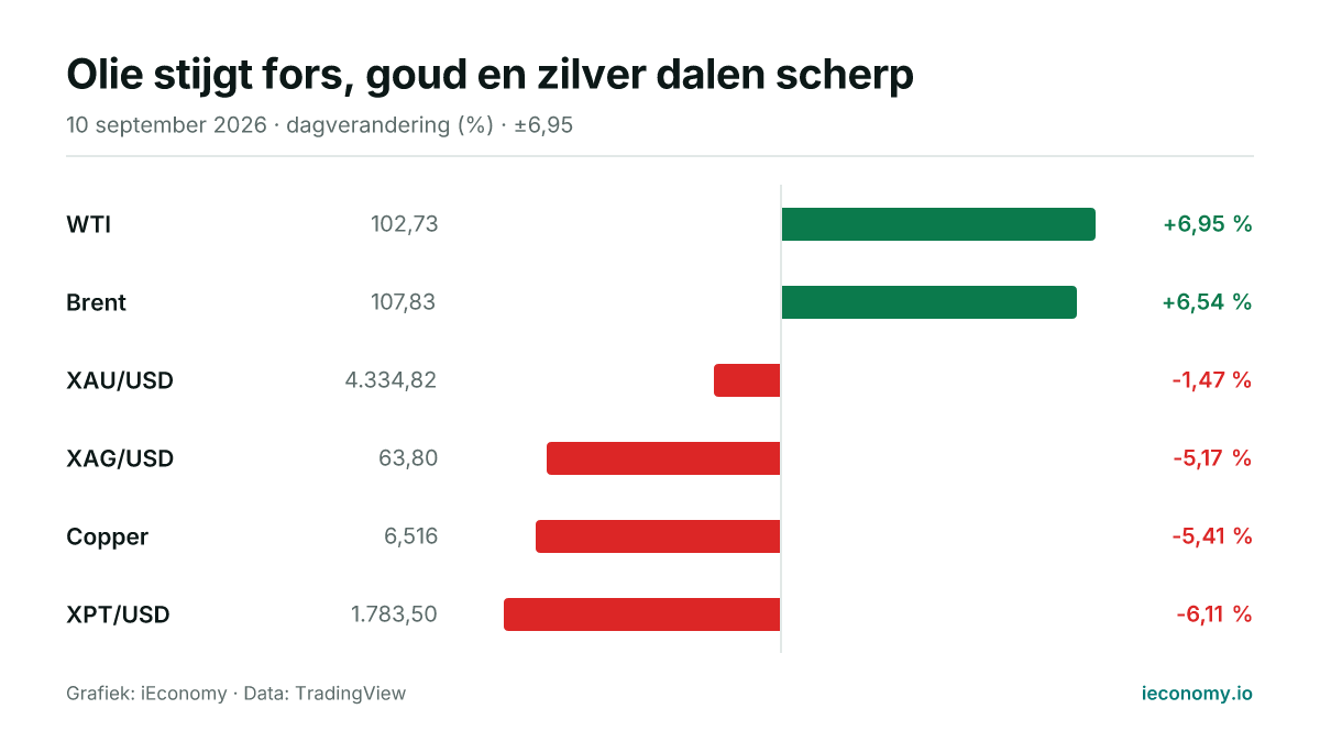 Grafiek: dagelijkse procentuele verandering van 6 gevolgde instrumenten — grootste stijger WTI (+6,95 %), grootste daler XPT/USD (-6,11 %).