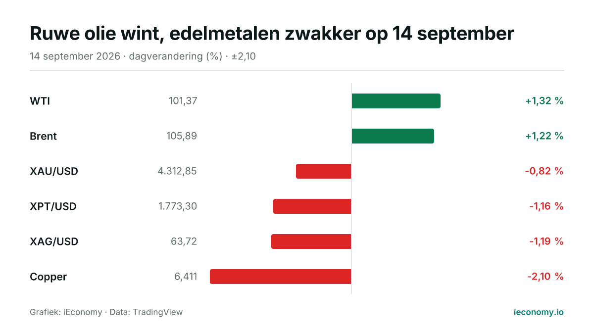 Grafiek: dagelijkse procentuele verandering van 6 gevolgde instrumenten — grootste stijger WTI (+1,32 %), grootste daler Copper (-2,10 %).