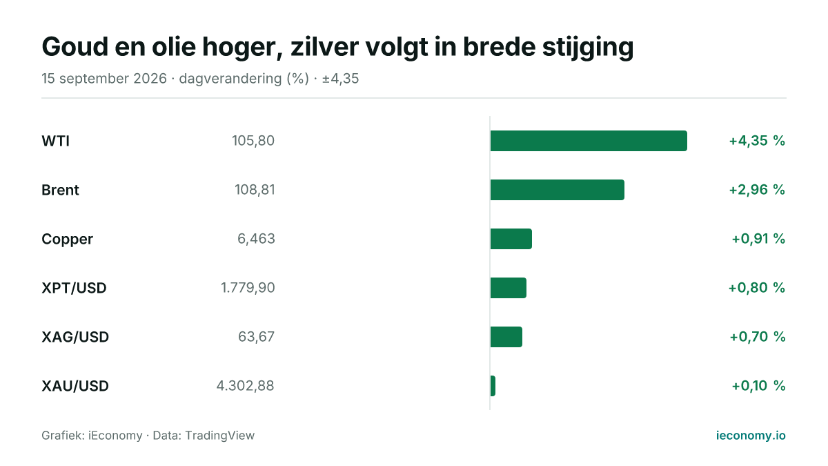Grafiek: dagelijkse procentuele verandering van 6 gevolgde instrumenten — grootste stijger WTI (+4,35 %), kleinste stijger XAU/USD (+0,10 %).